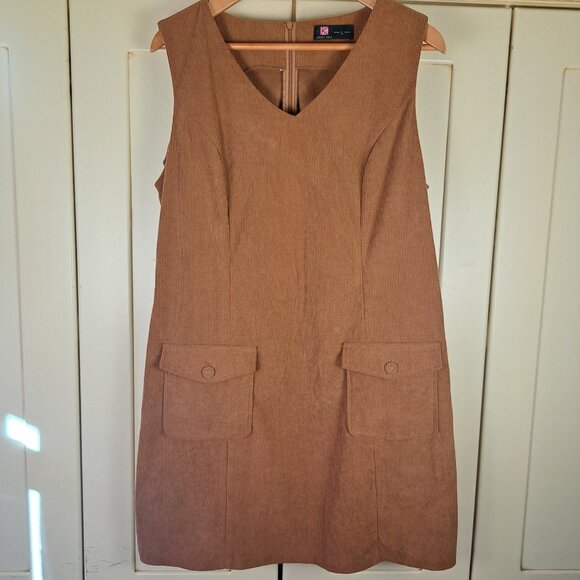 Kancy Kole Brown Corduroy Bib Overall Belted Midi Dress Size Lg - Picture 7 of 10